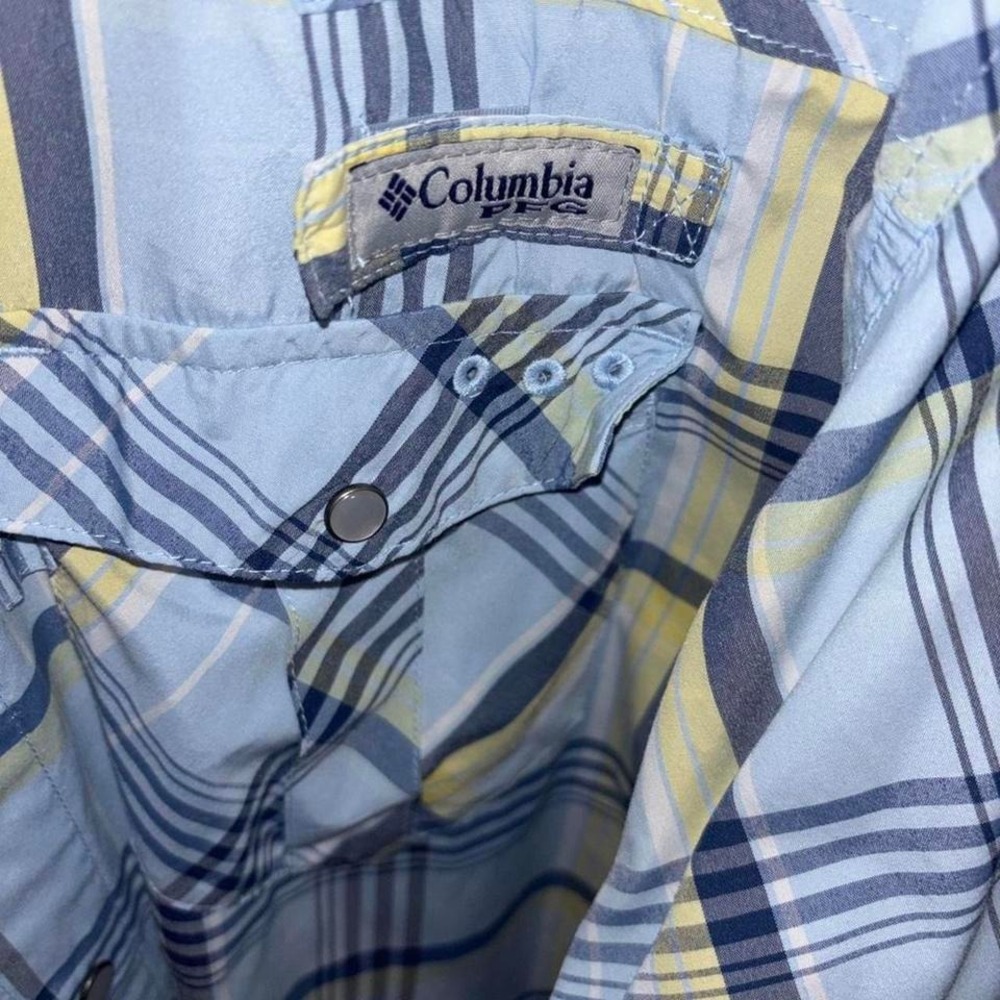 Columbia PFG Mens Large Plaid Long Sleeve Fishing Shirt Blue Yellow Button Down - Picture 4 of 6